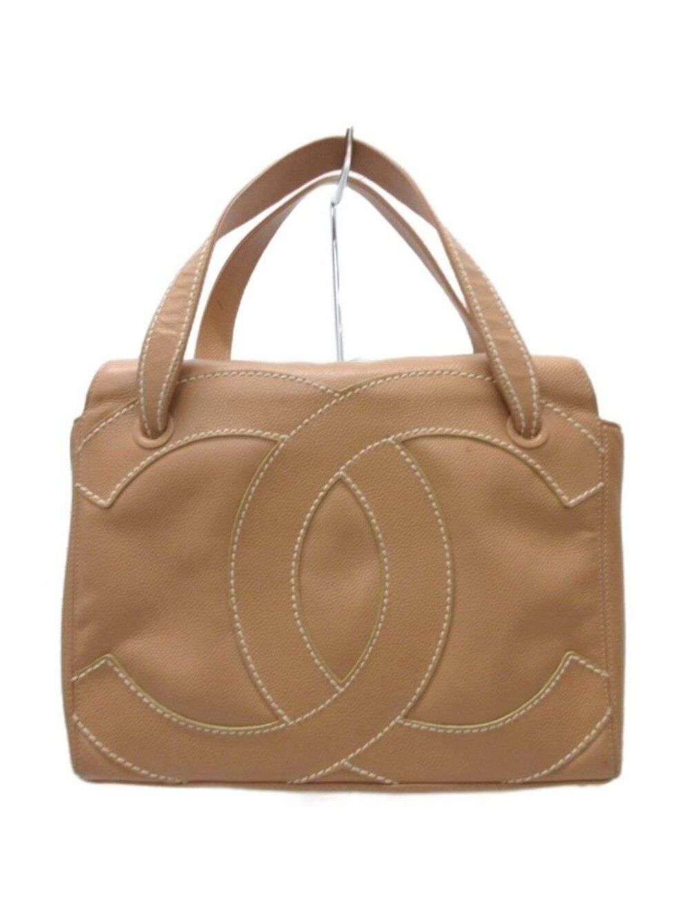 Chanel Vintage Jumbo CC Logo Stitch Handbag Leather Light Brown
